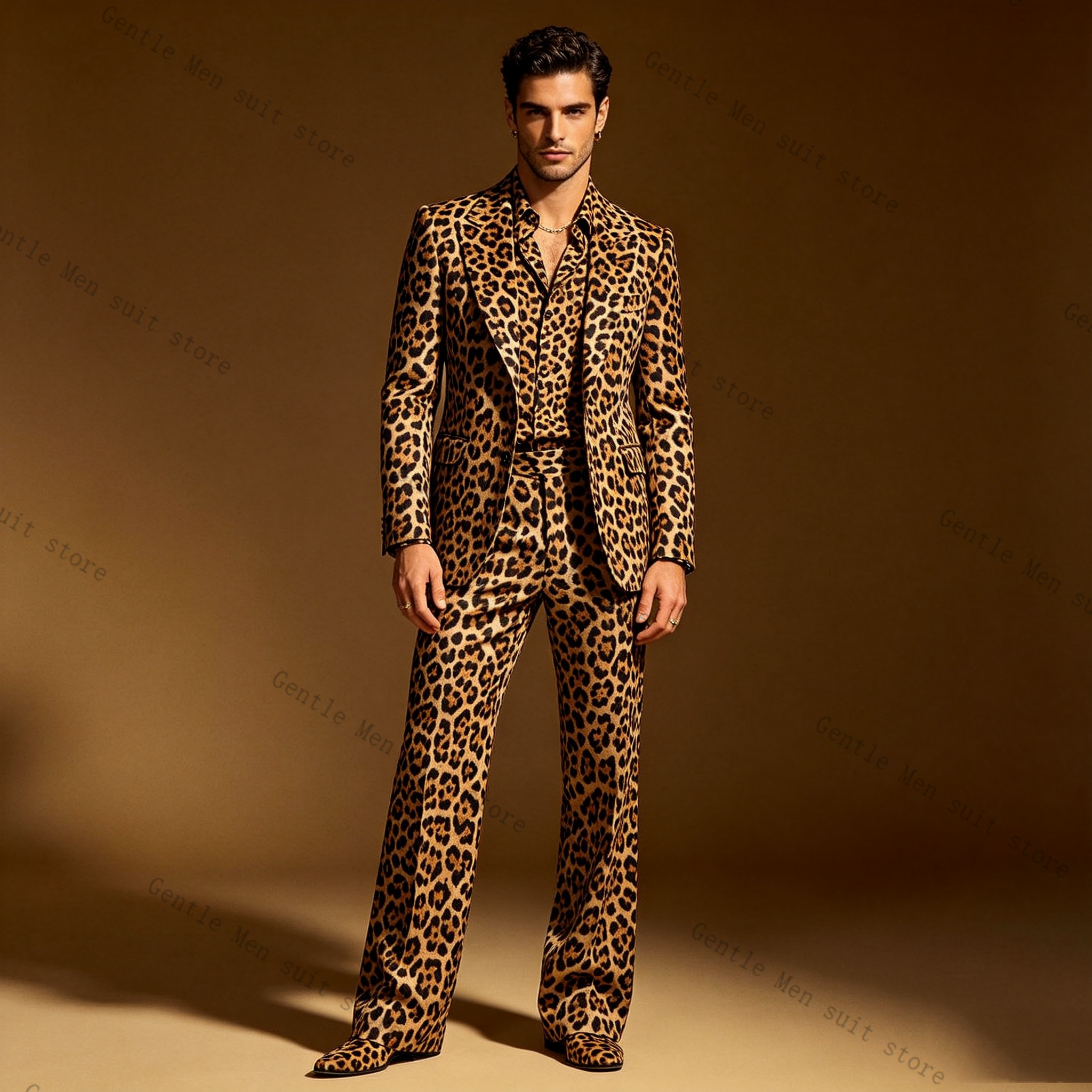 Brown Leopard Print Men Suit S – Men Formal Wear Brown recenzja i cena