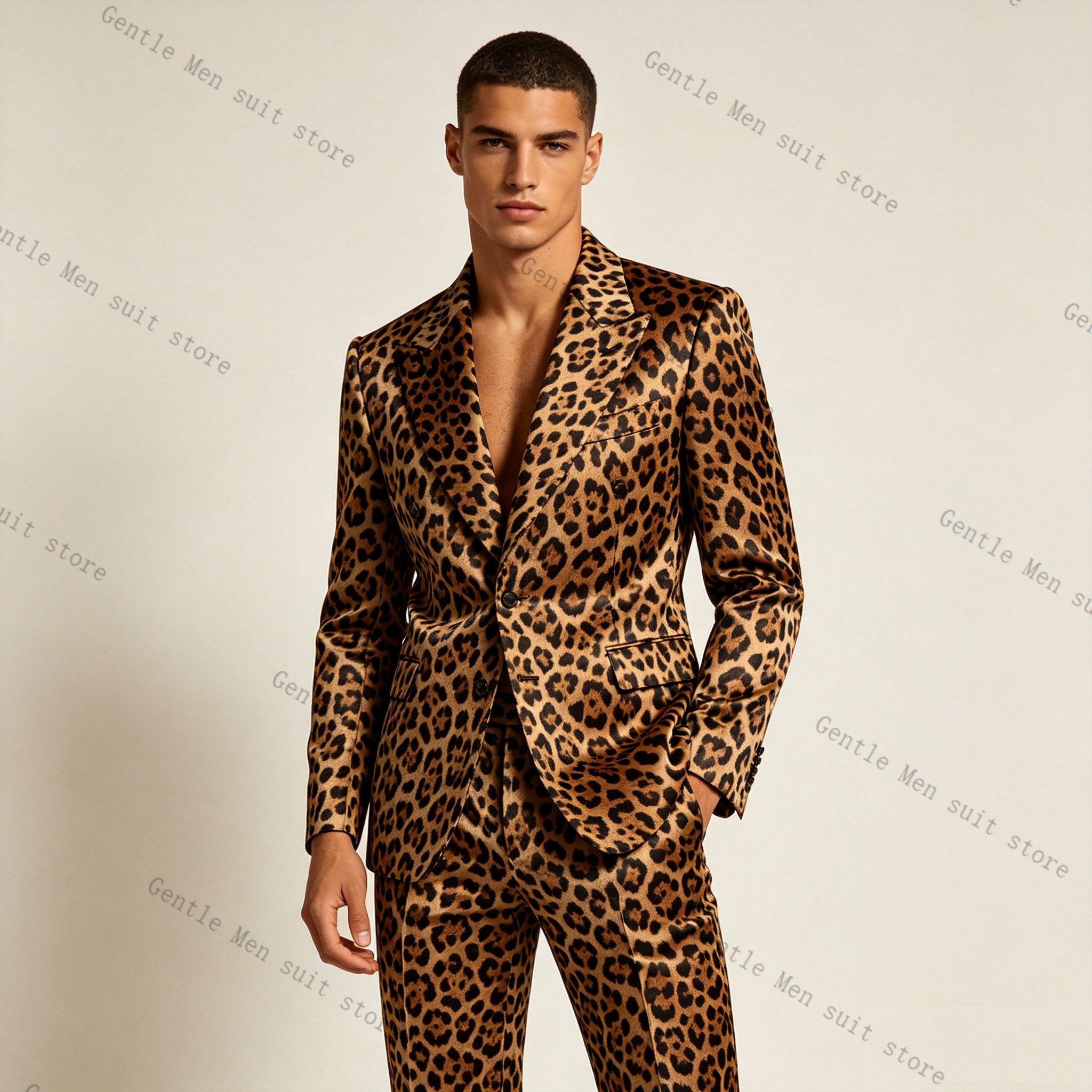 Brown Leopard Print Men Suit S – Men Formal Wear Brown recenzja i cena