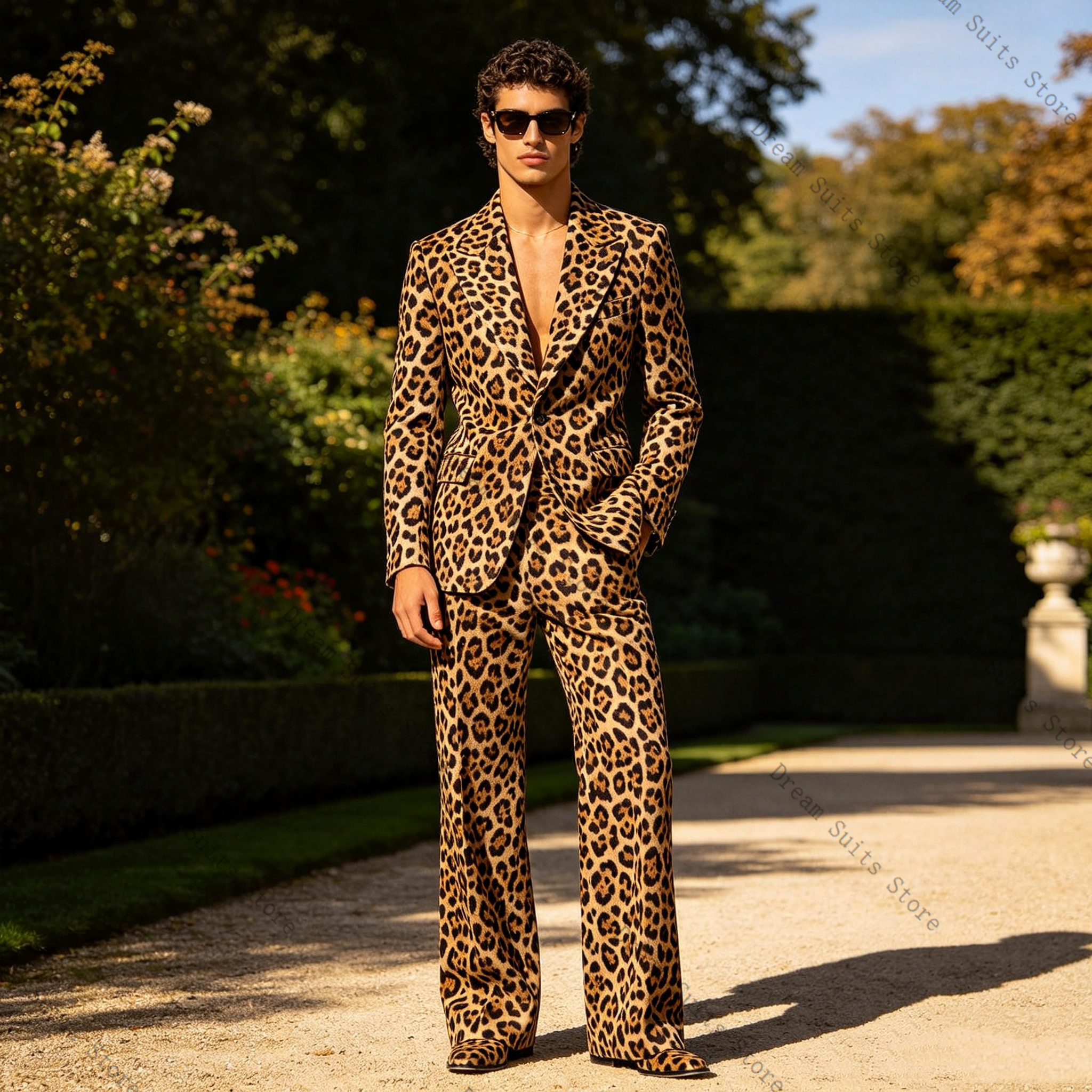Leopard Print Men Suit Set 2 P – Men Formal Wear Brown recenzja i cena