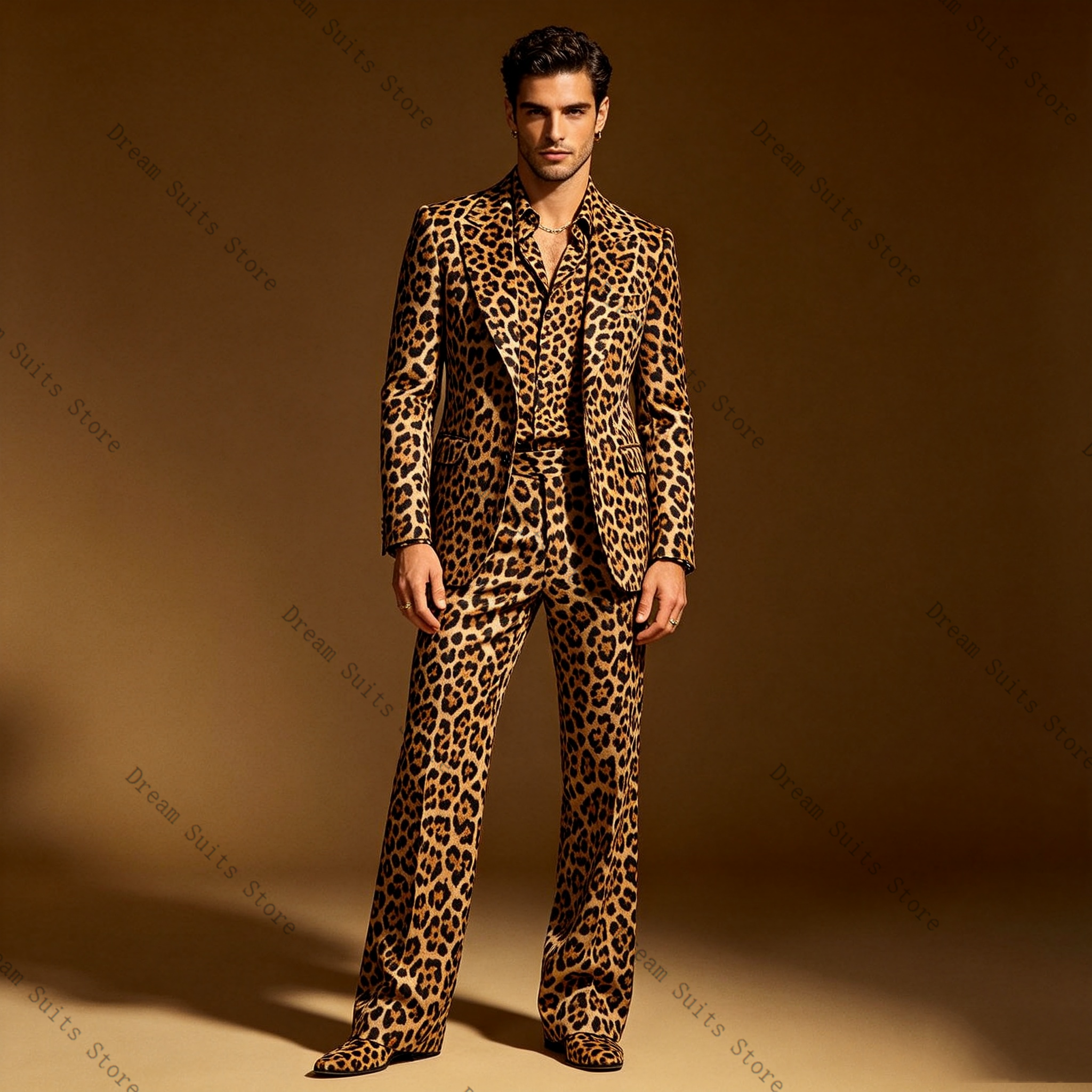 Leopard Print Men Suit Set 2 P – Men Formal Wear Brown recenzja i cena