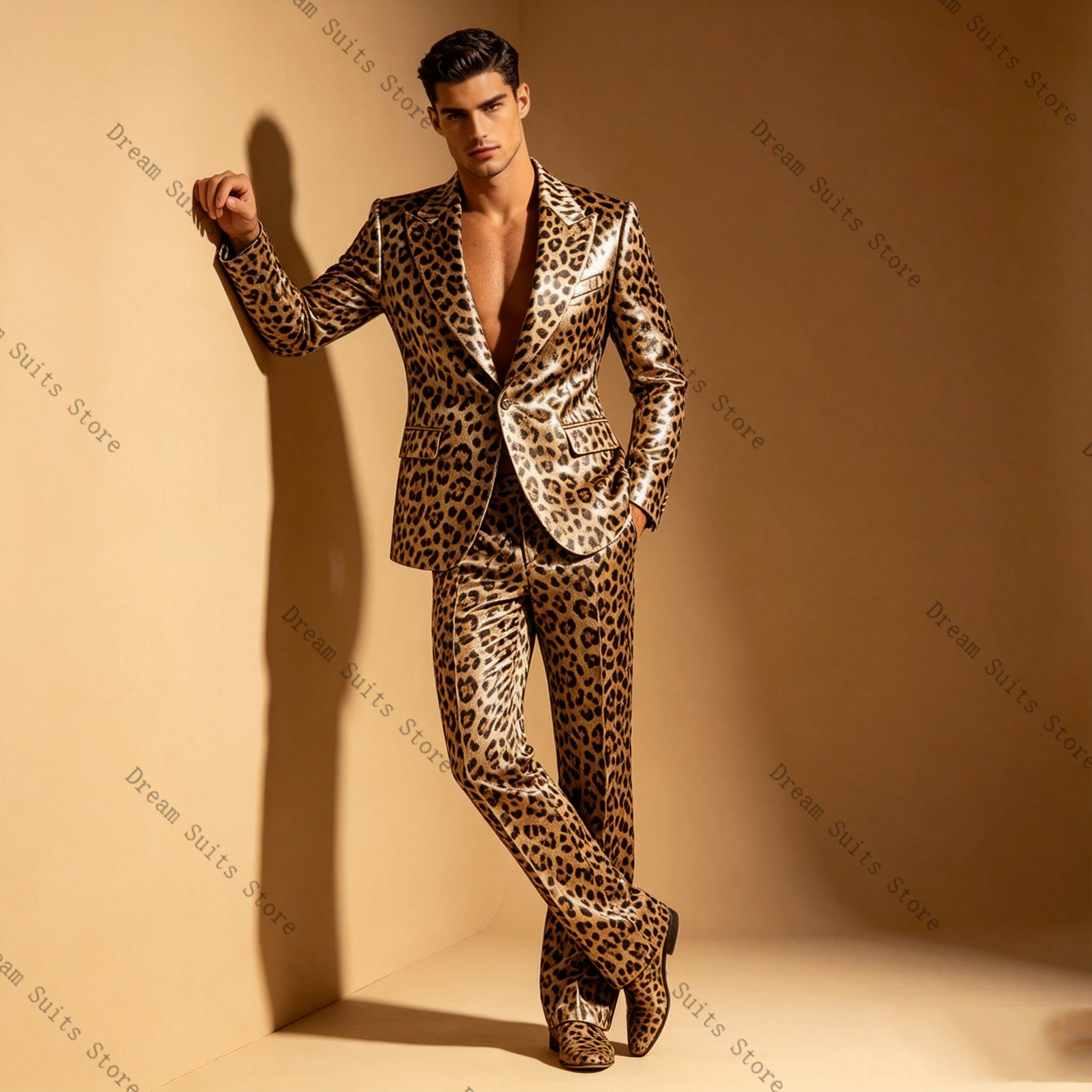 Leopard Print Men Suit Set 2 P – Men Formal Wear Brown recenzja i cena