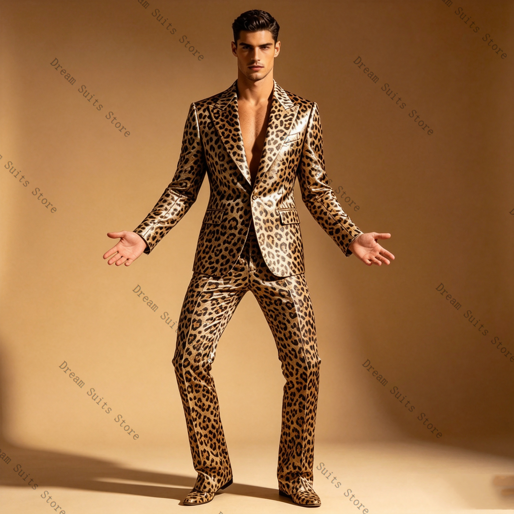 Leopard Print Men Suit Set 2 P – Men Formal Wear Brown recenzja i cena
